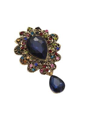 Brooch Dark Blue Glass Teardrop Dangle with Multicolor Crystals Gold Tone